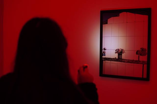 silhouette in a red room photographing a framed piece